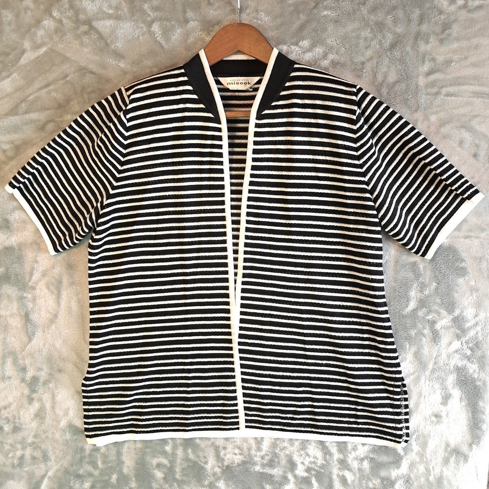 Exclusively Misook Womens L Black White Striped Open-Front Short Sleeve Cardigan